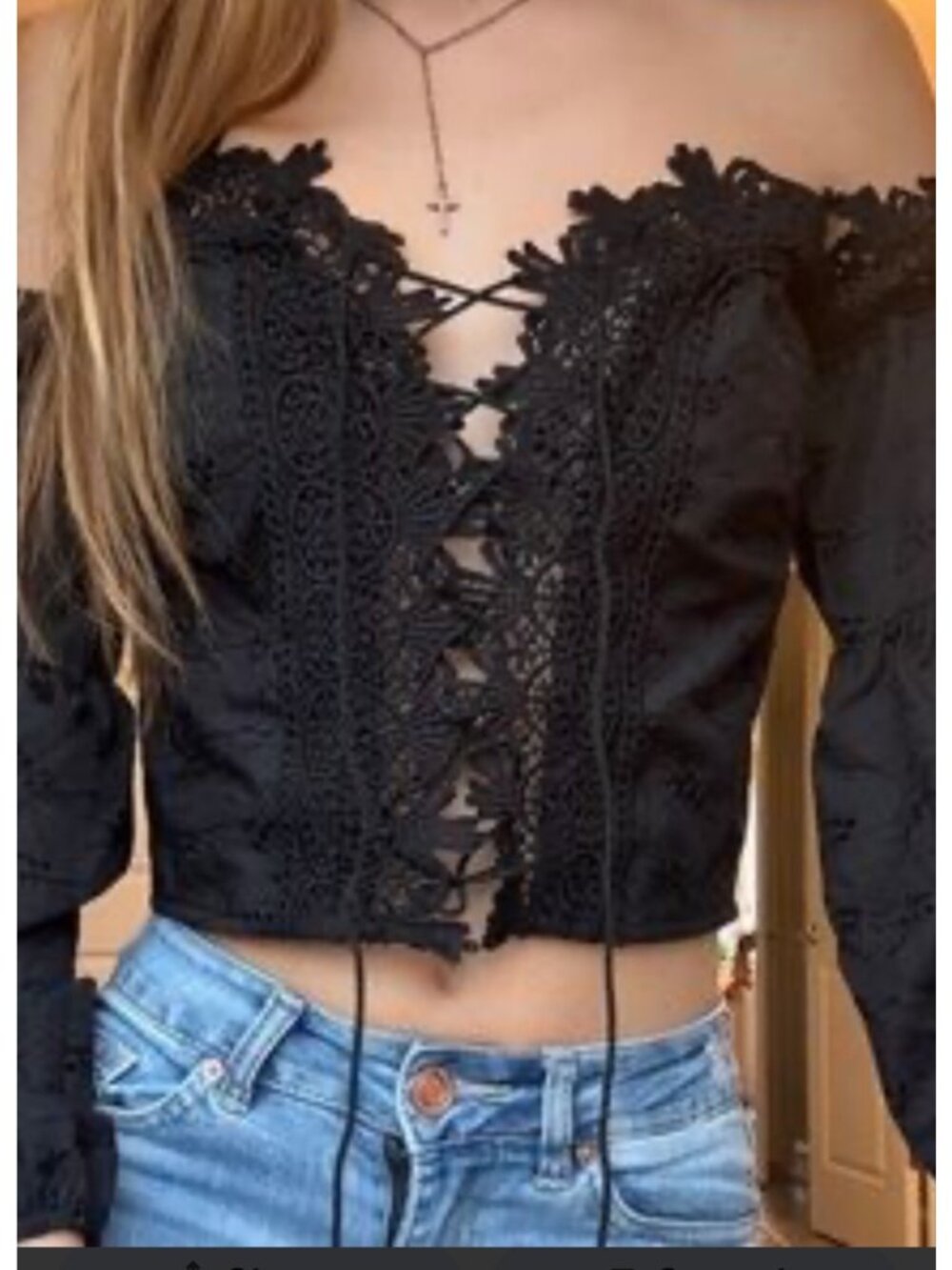 Blk Lace-Up Off Shoulder Long Sleeve Crop Top crochet Goth romantic coquette lg
